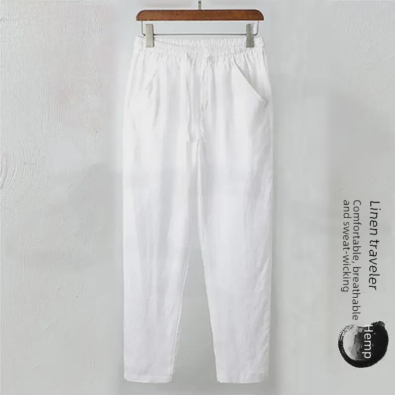 

Мужские свободные белые льняные брюки - летний повседневный стиль для людей среднего возраста XL (recommend one size up) белый