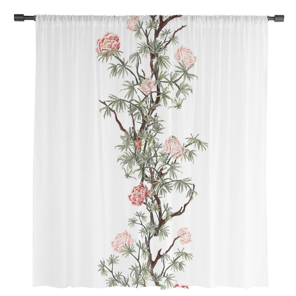 Summer Flowers Leaves Vines Sheer Window Curtains For Living Room Kitchen Children Bedroom Voile Hanging Curtain