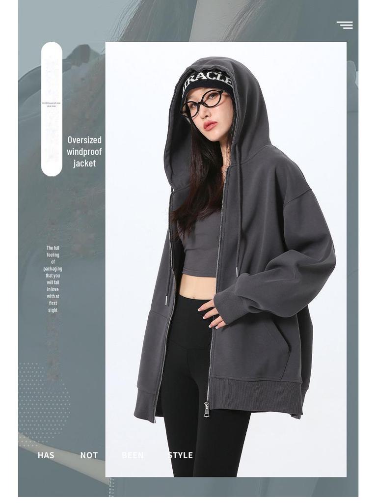 Korean-Style High-End Women's Drop Shoulder Hoodie Sweatshirt - Autumn 2024 Loose Casual Long-Sleeved Cardigan Jacket