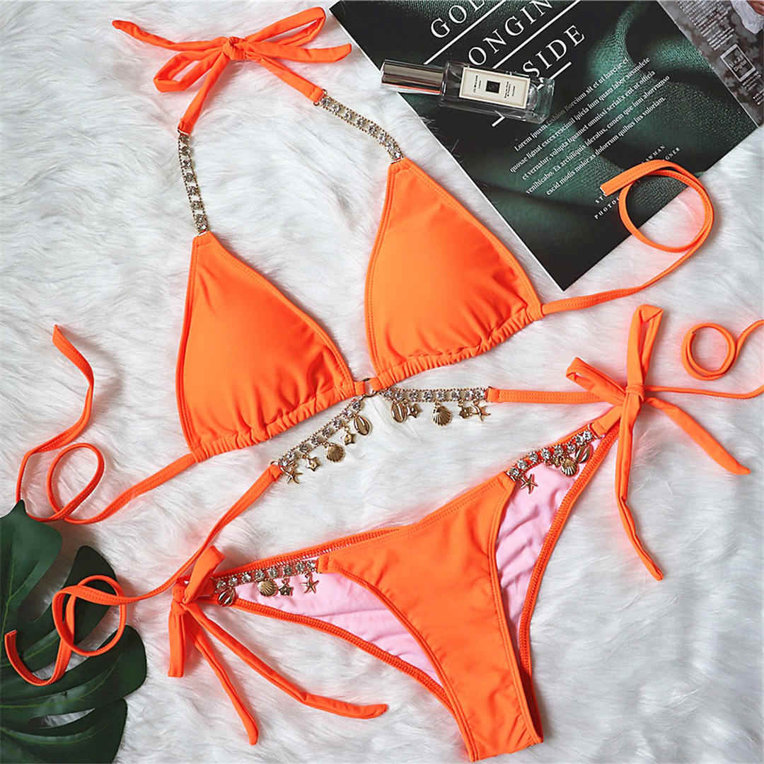 

Мода 3 цвета сексуальный блестящий бриллиант бикини женский купальник женский купальник из двух частей бикини комплект халтер купальный костюм S оранжевый