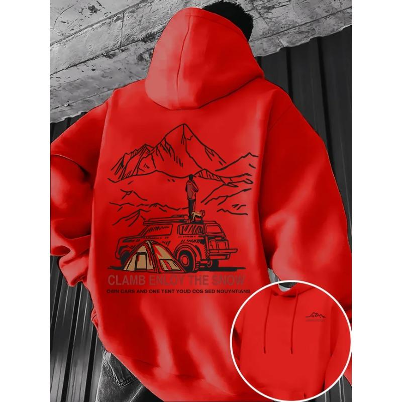 Men's Sweatshirt - Mountain Climbing, Car Driving Camping Print Winter Autumn Thick Fleece, Loose Casual Hooded Pullover Jacket