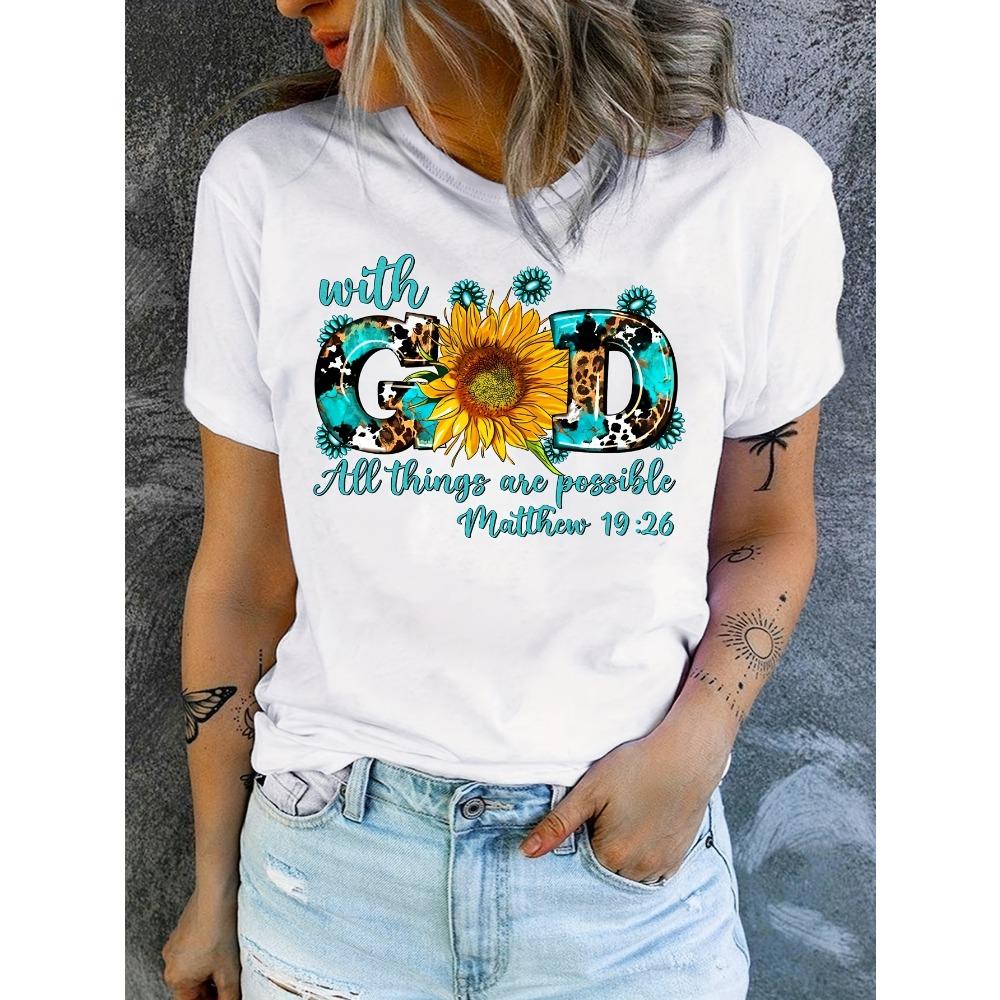 

Women s T-shirt - Sunflower and Leopard Pattern, Inspired by Faith for a Casual Top 5XL