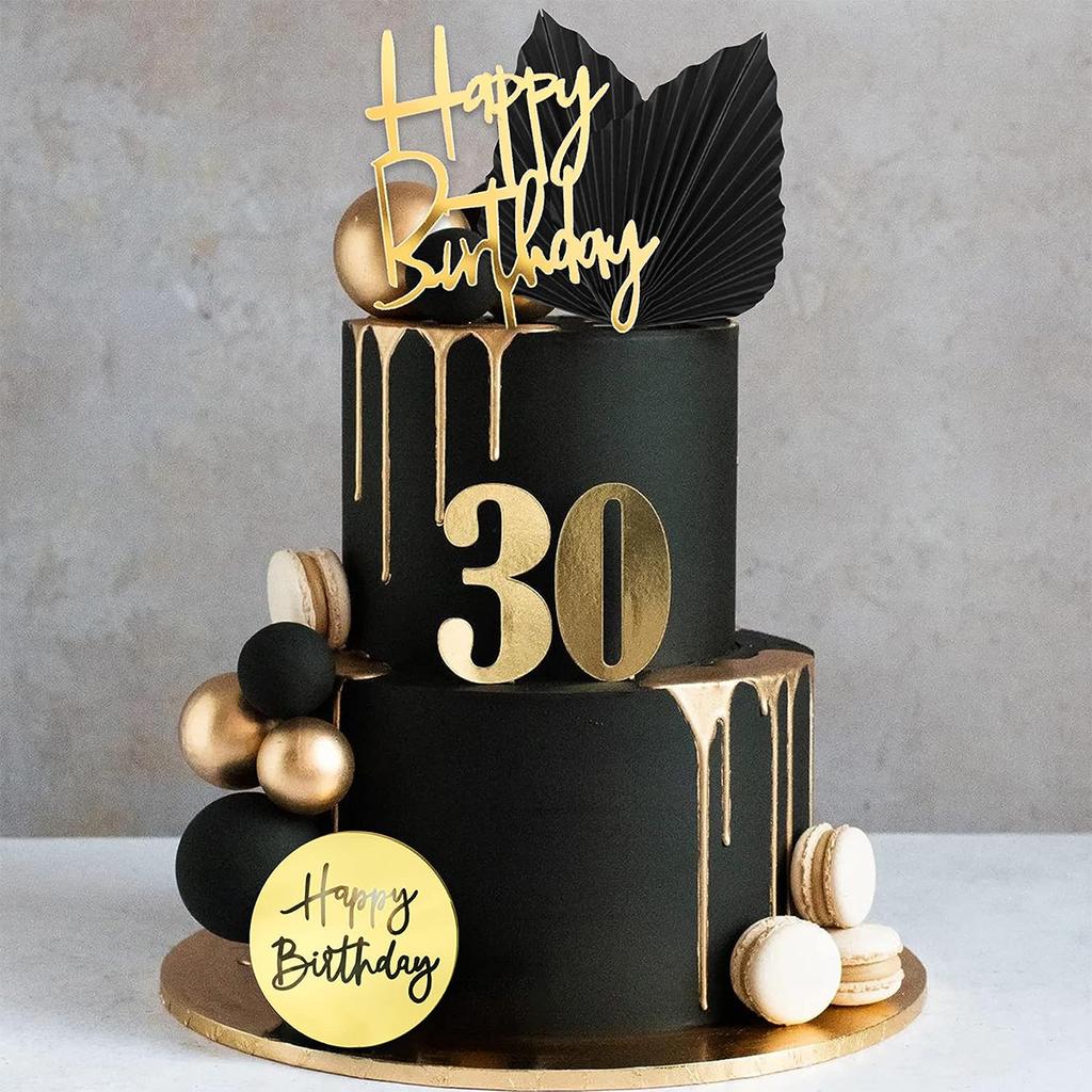 24PCS Man  Black Gold Ball Happy Birthday Cake Topper Decorations for Black Boho Wedding Boy Birthday Party Baby Shower Supplies
