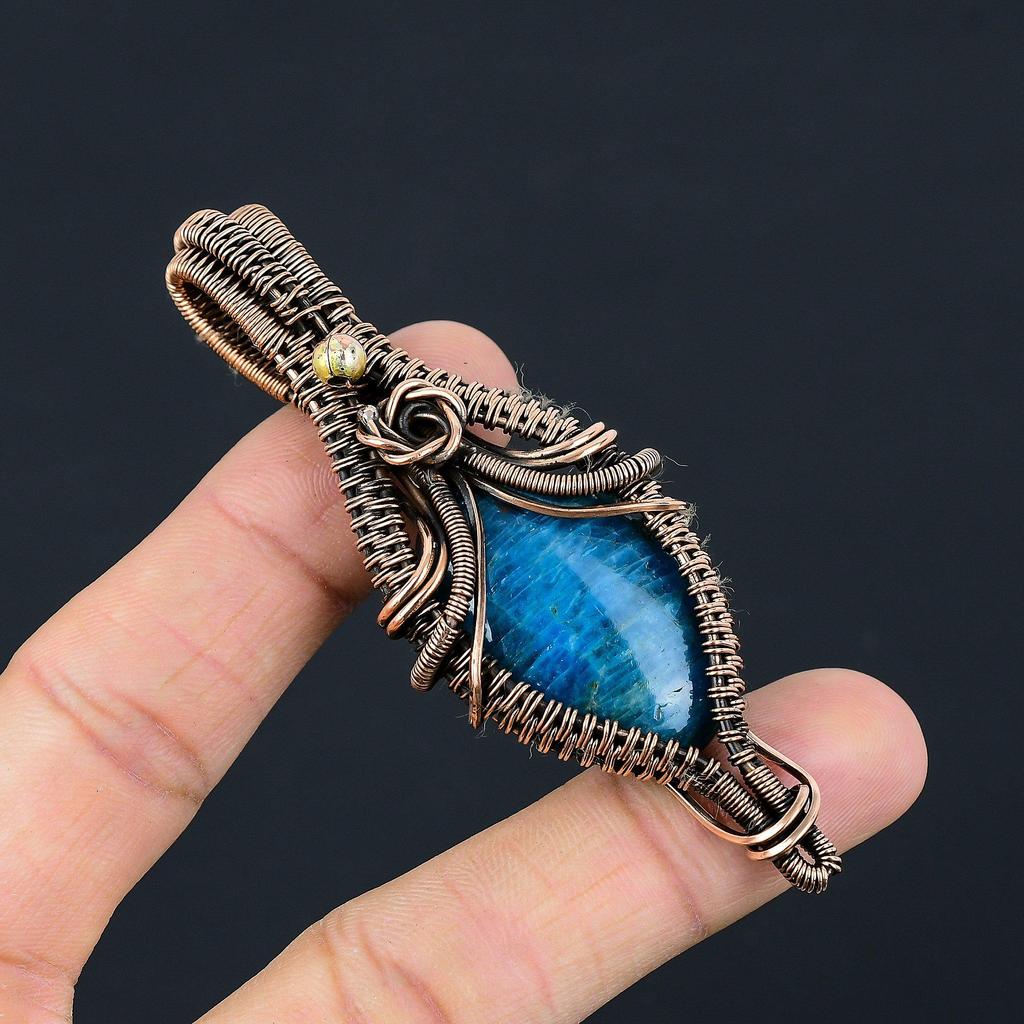 Neon Blue Apatite Gemstone Pendant 999 Copper Wire Wrapped Jewelry, Handmade Antique Pendant Jewelry, Gift For Mother