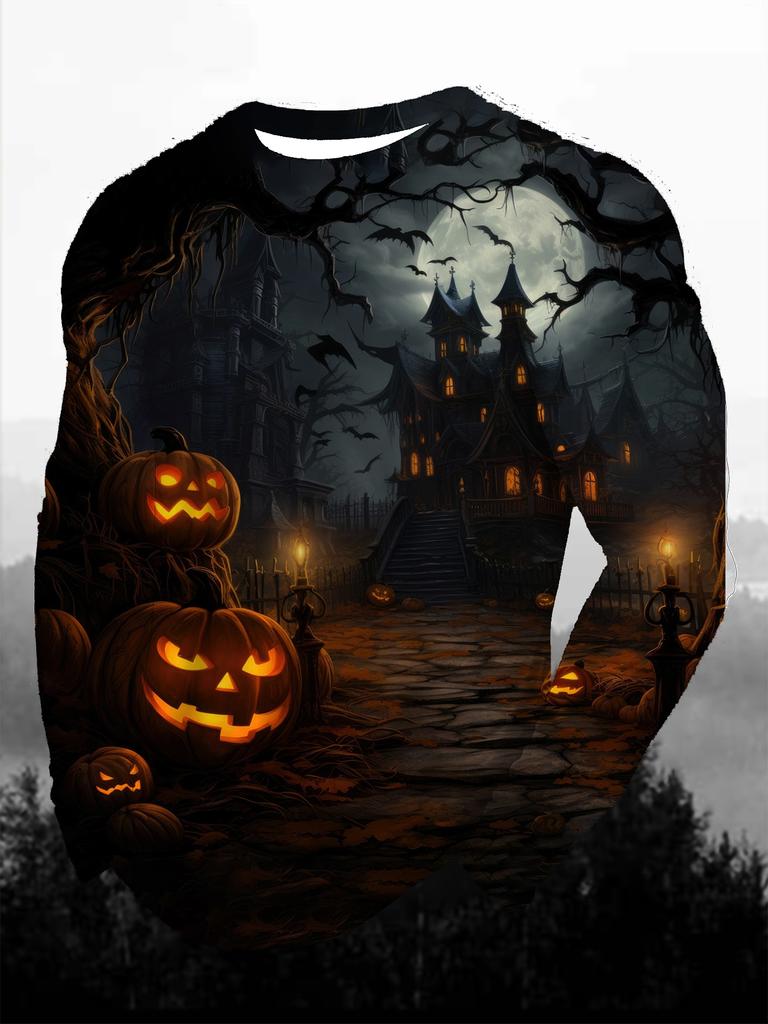 Halloween Men's T-Shirts Purple Horror Pumpkin Ghosts Forest 3D Print Autumn Long Sleeve T-Shirt Casual Tops Y2k Mens Clothing