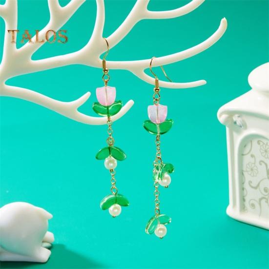 1 Pair Women Hook Earrings Faux Pearl Tulip Shape Long Tassel Alloy Electroplated Ear Jewelry Lady Prom Cocktail Party Dangle Earrings Hanging