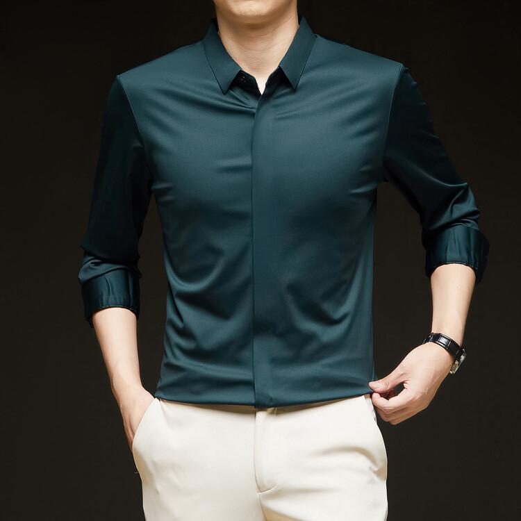 Men’s High-End Hidden Placket Long Sleeve Ice Silk Dress Shirt