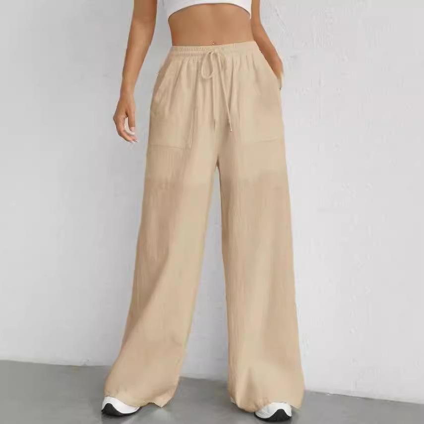 Damen Einfarbig Kordelzug Weitbein Hose Lässig Elastischer Bund Schräge Tasche Hose Für Frühling & Sommer Damenbekleidung