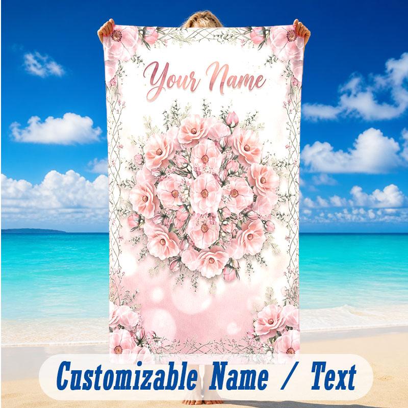 Floral Garden Theme Beach Towel Personalized Custom Name & Text Soft Quick Dry Beach Towel for Swimming Travel