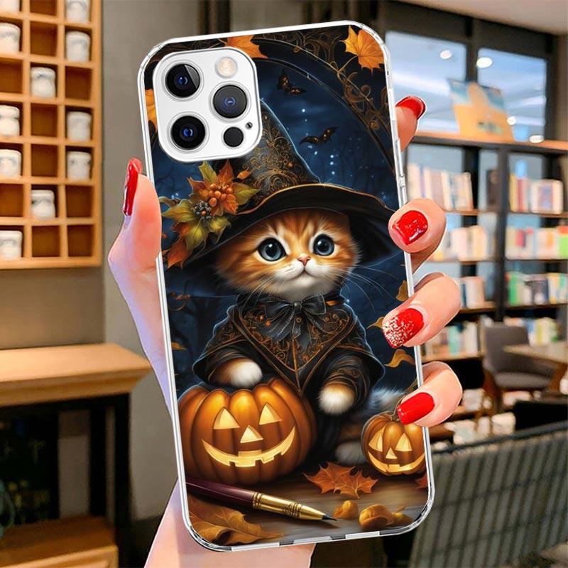 Black Kitten Halloween Pumpkin Cover Phone Case For iPhone 16 17 Air 15 14 Pro Max 16E Phone Case 13 Mini 12 11 7 SE 8 Print Pat
