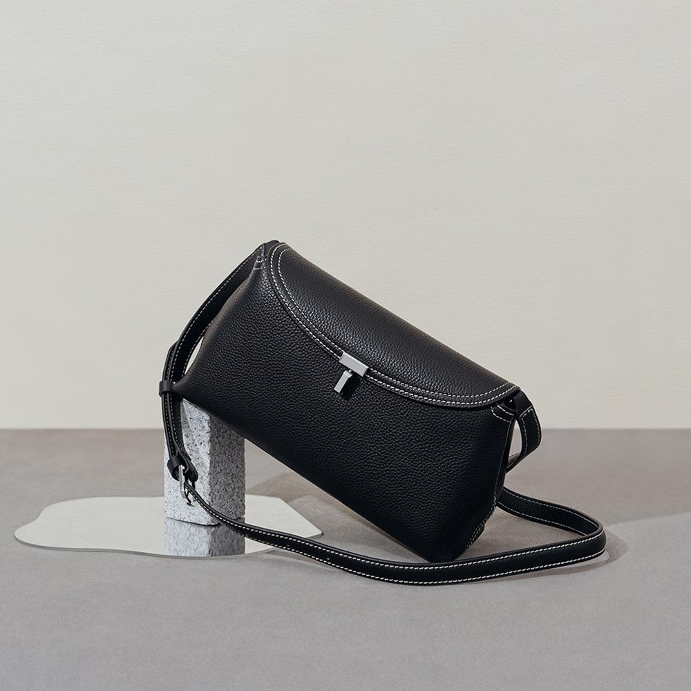 Simple Top-grain Leather Flap Bag, T-shaped Lock Buckle, Fashionable Commuting Crossbody Bag, Large-capacity Single-shoulder Bag