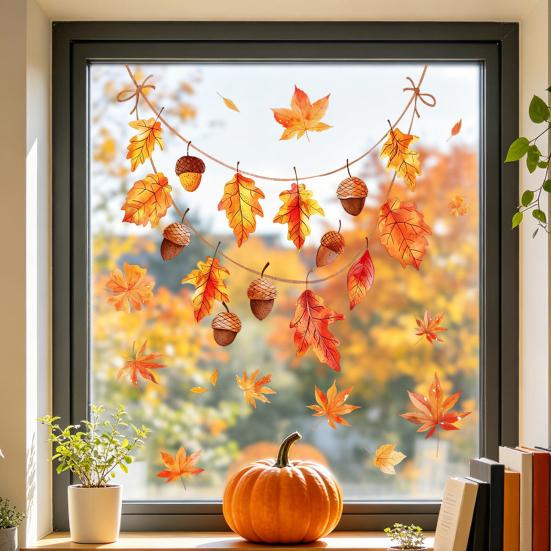 Creative Soft Decoration Gifts Autumn Maple Leaf Pinecone Scarecrow Pumpkin Static Window Clings, Waterproof PVC Indoor Outdoor Glass Decor