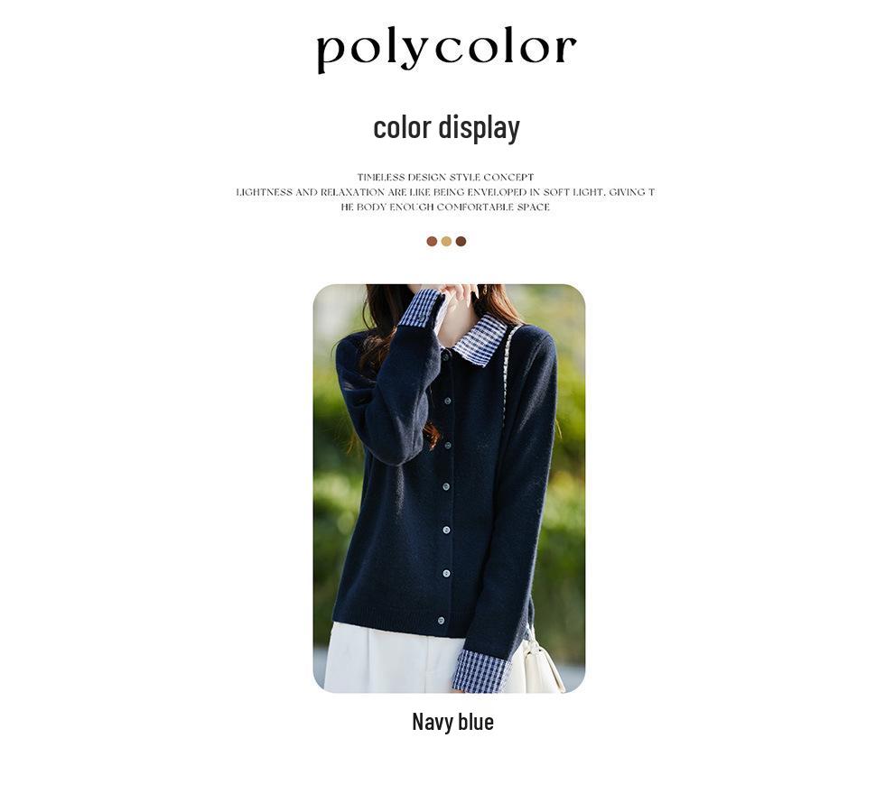 Women's 100% Wool Plaid Patchwork Knit Cardigan, Polo Style, 2025 Autumn/Winter Collection.