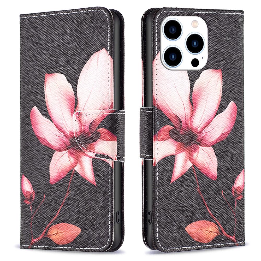 

PU Leather Stand Wallet Case for iPhone 15 Pro,Pattern Printing Full Protection Phone Cover Pink Flower