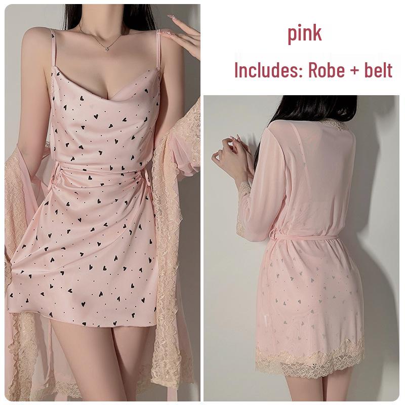 

Guiren Women s Satin Cowl Neck Pajama Set - Sexy, Low-Cut Print Sleep Dress & Robe One Size