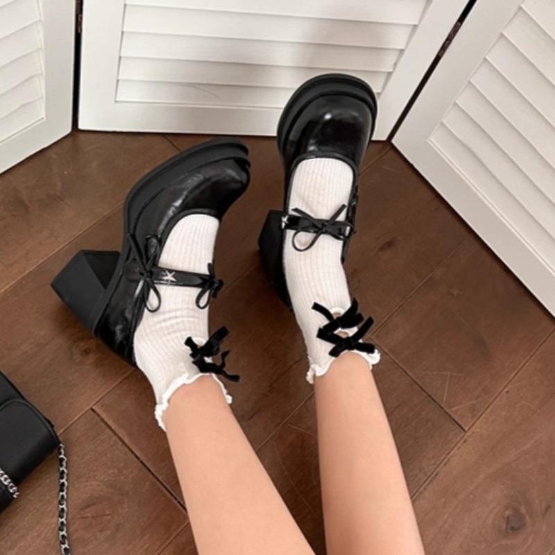 Fashion Mary Jane Single Shoes Autumn New Round Toe Shallow Bow One Strap Platform Non-Slip Heels