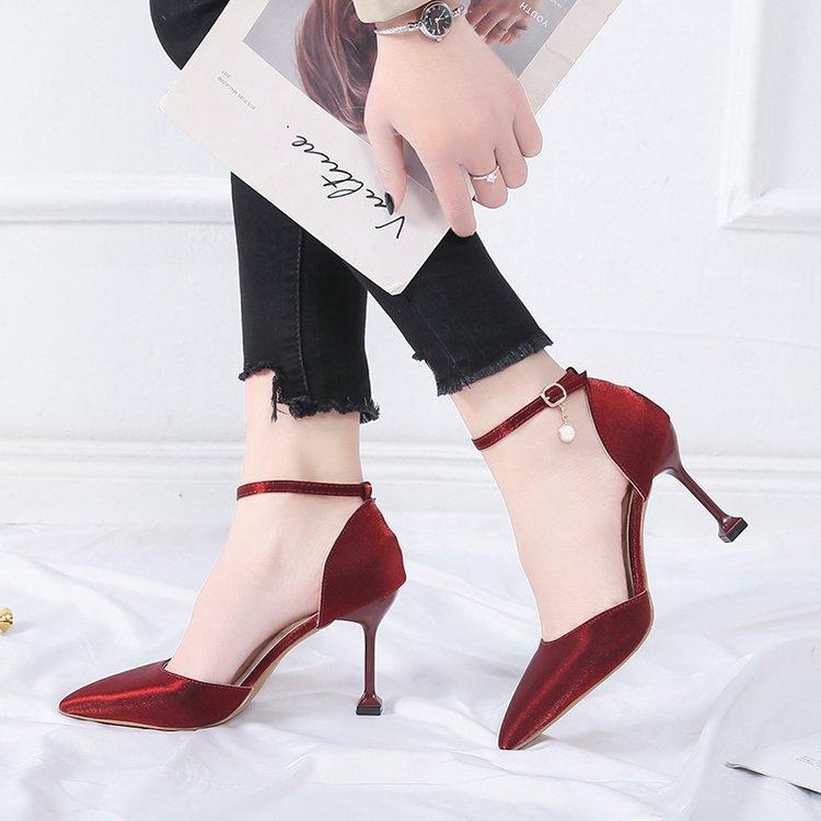 Spring and summer new ins style satin light mouth bag head buckle strap thin heel pointed head high heel fashion sandals 34