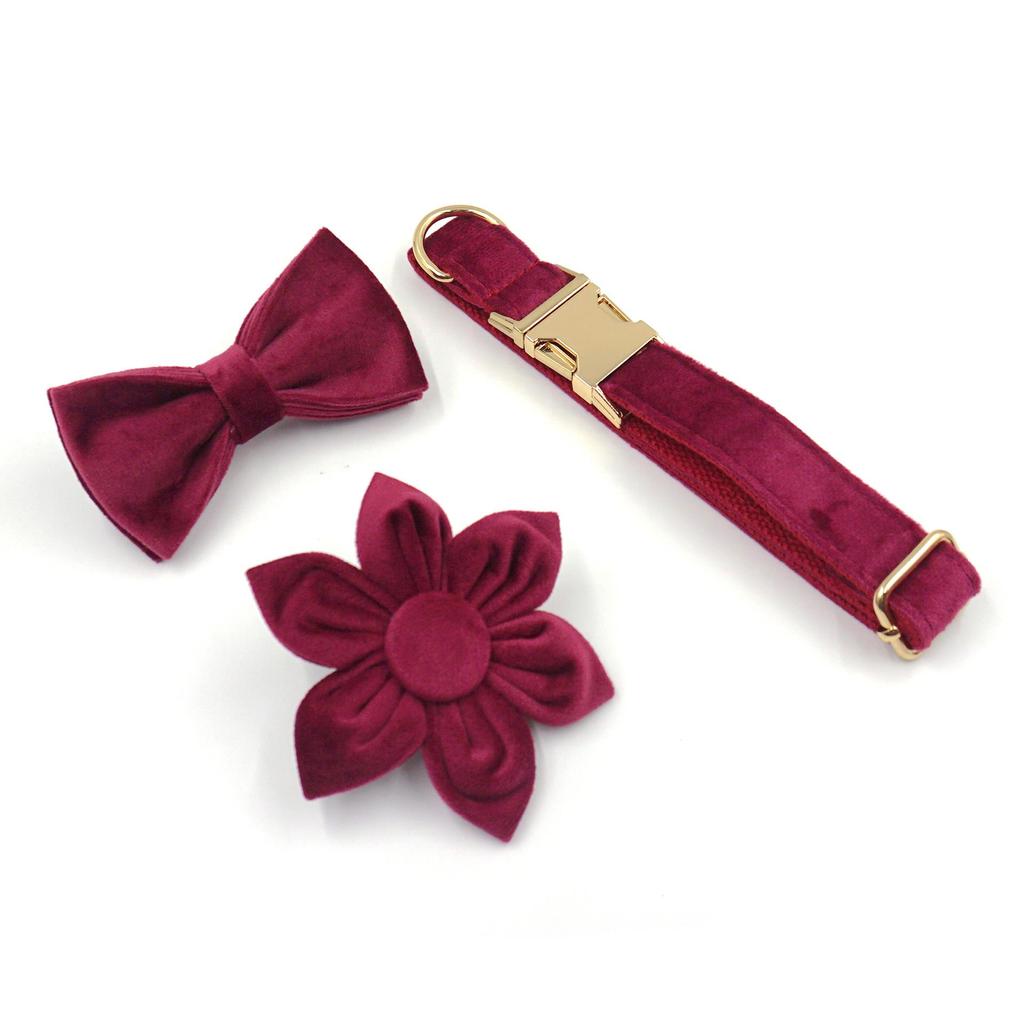 Velvet Flower Dog Collar & Leash Set with Engraving and Bow Tie