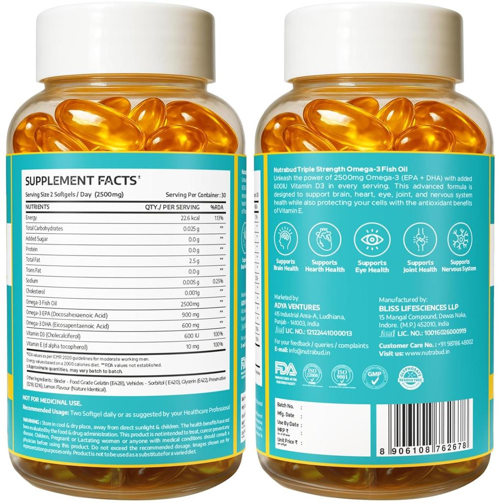 Nutrabud Omega 3 Fischöl Kapseln Dreifache Stärke 2500mg Nahrungsergänzungsmittel EPA DHA Zitronengeschmack Tägliches Wohlbefinden Packung mit 1 60 Stück