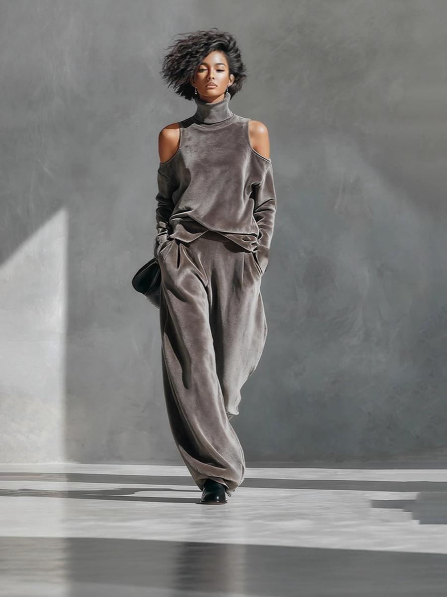 

Осенне-зимний женский модный повседневный спортивный костюм Корейский бархат Длинный рукав Однотонный Высокий воротник Молния Широкие брюки S пепельный