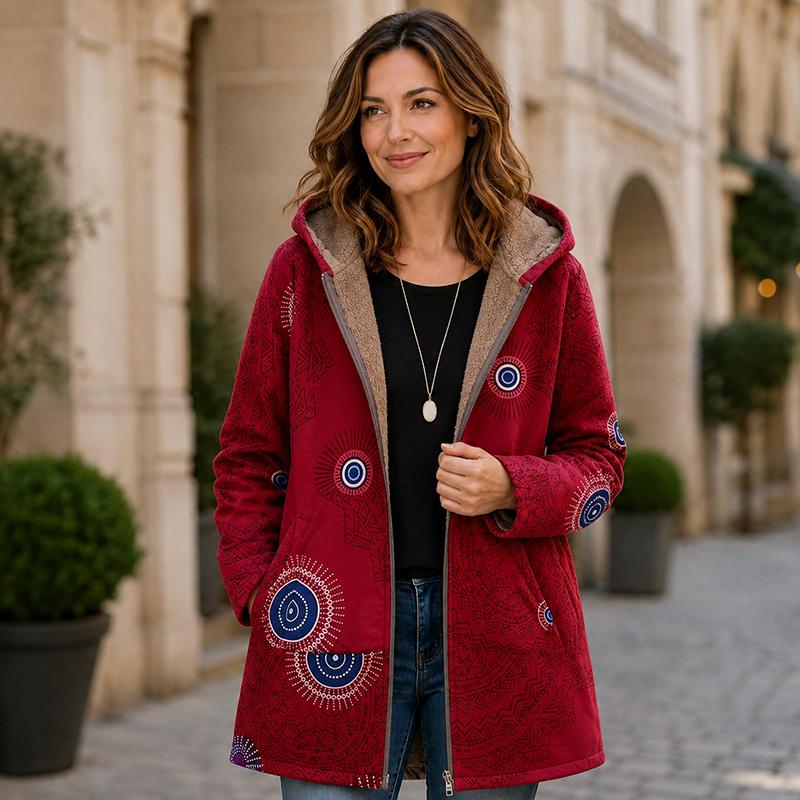 Women Bohemian Printed Hooded Coat, Fleece Lined Zip‑Up Mid‑Length Jacket, Ethnic Mandala Pattern Warm Outerwear with Pockets for Ladies