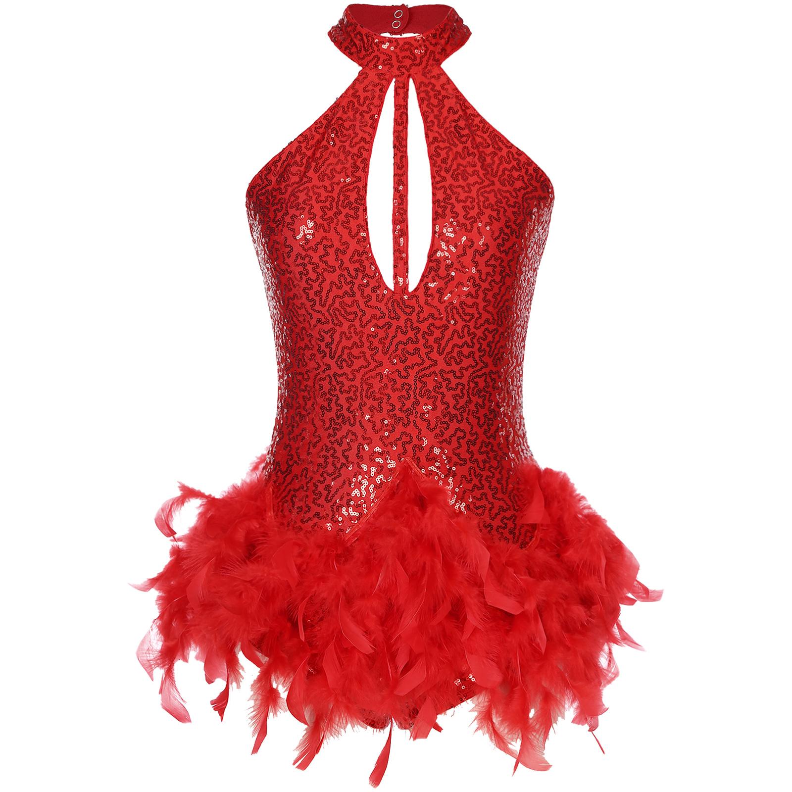 

Womens Stage Performance Dancewear Halter Sleeveless Backless Shiny Sequins Feather Dance Leotard S червоний