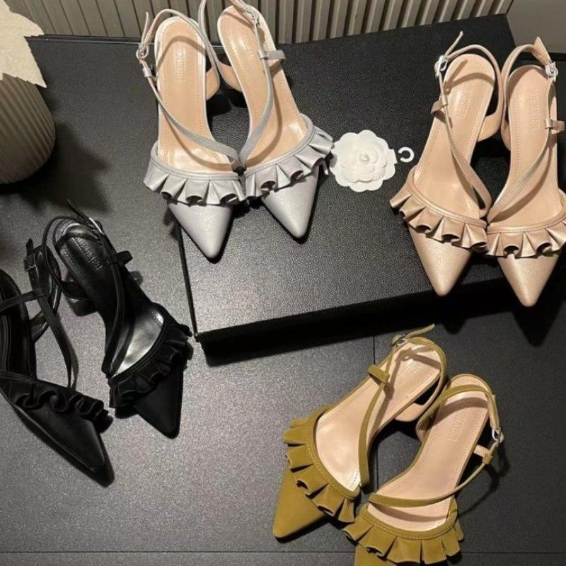 Fashion Mid Heels Women Sandals Pointed Toe Pleated Shoes Summer Buckle Slippers Designer Shallow Pumps 2025 New Fashion Dress Sandalias