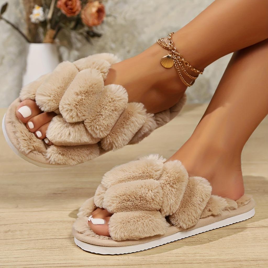 Women's Plush Fuzzy Cross Strap Slippers-Non-slip Soles Cosy Indoor House Shoes, Plush Lined Floor Slippers