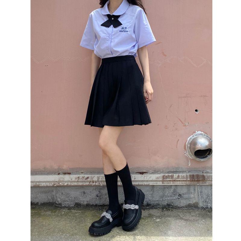 

Women s Thai School Uniform Set: Summer JK Pleated Skirt with Short Sleeve White Shirt 2XL