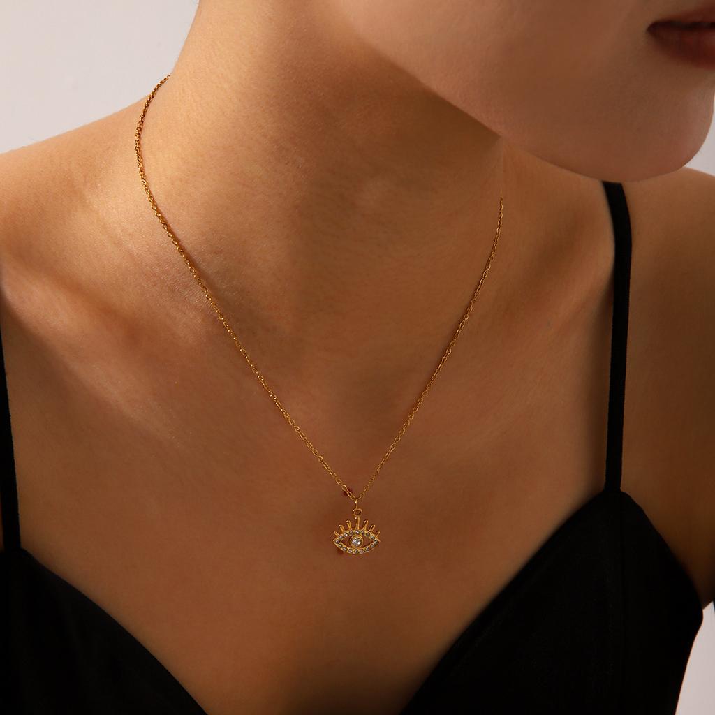 Titanium Steel Gold Plated Diamond Evil Eye Pendant Necklace Fashion Choker Jewelry