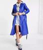 Handgefertigt Lang Party Stilvoll Damen Blau Trenchcoat Leder Echtes Lammfell