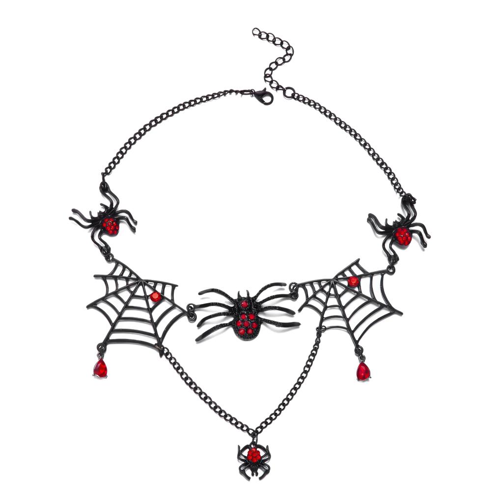 Exaggerated Hollow Spider Web Necklace Earrings Set for Women Halloween Red Rhinestone Dangle Earrings Chain Party Jewelry Gift