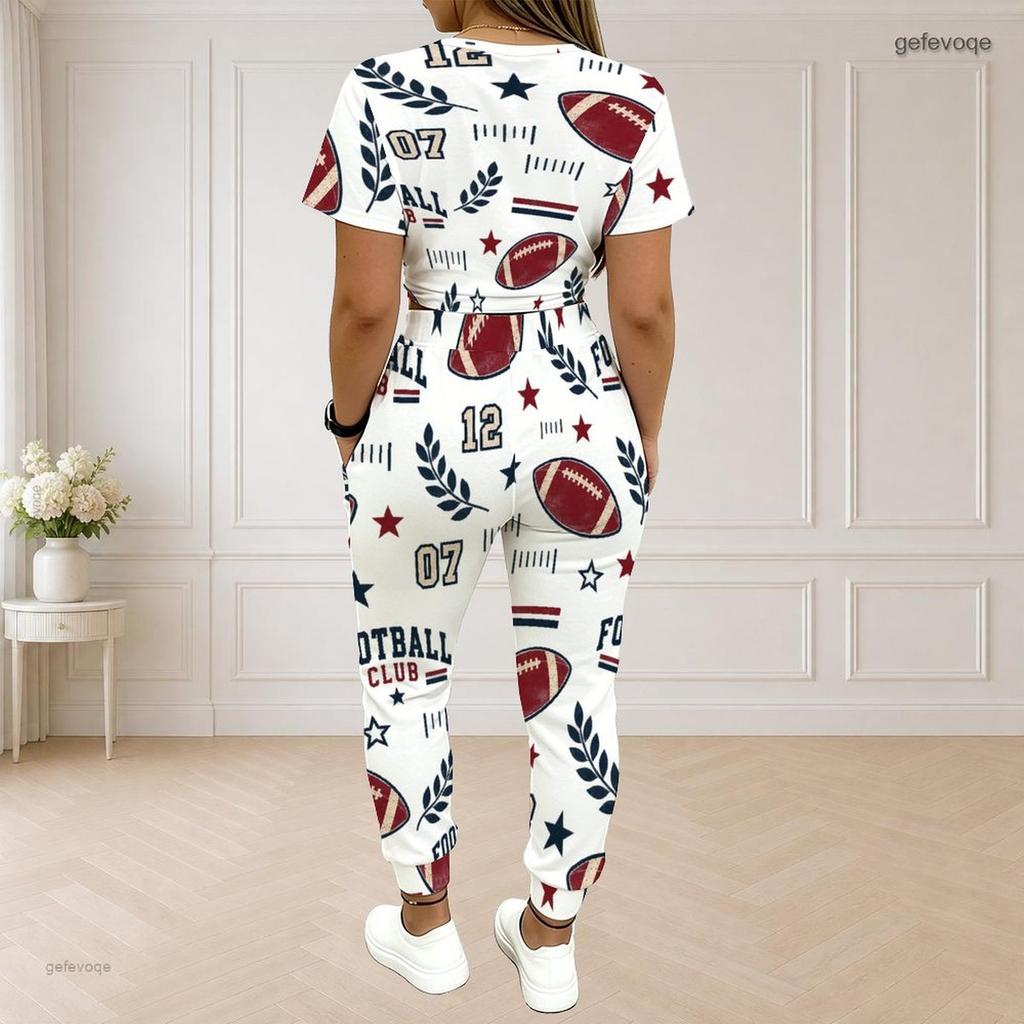 Women Plus Size Printed Round Neck Short Sleeve Top Drawstring Pocket Cuffed Pants Two Piece Set