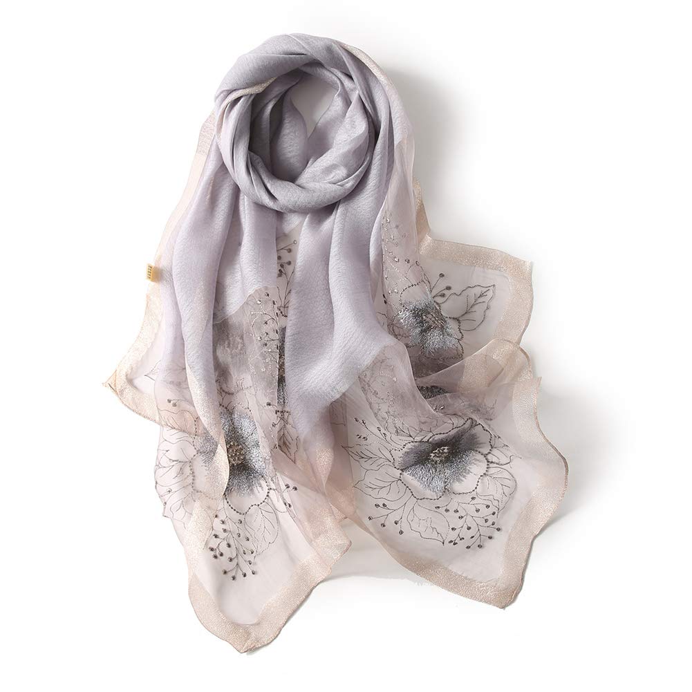 ANMIDA Large Silk Shawl with Floral Perfect for Spring and Elegant and Perfect for Beach Trips and Sun UV Protection Stole, Scarf, Embroidery, Summer,
