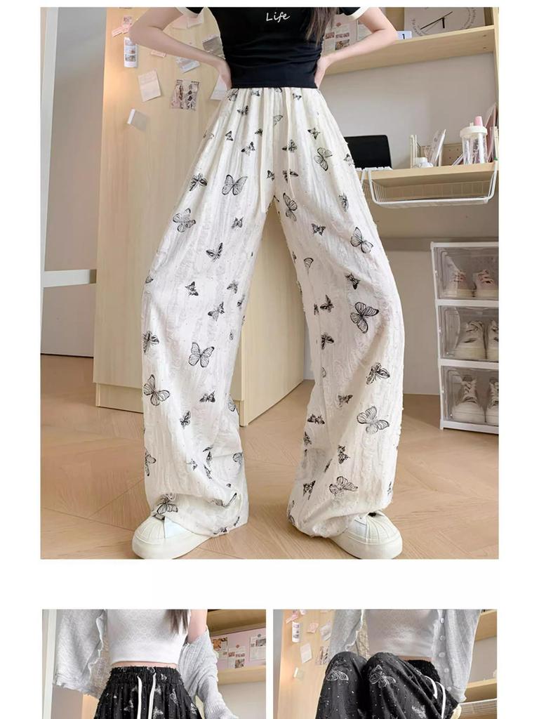 2028 Women's Summer Petite Rhinestone Butterfly Print Ice Silk White Wide-Leg Pants