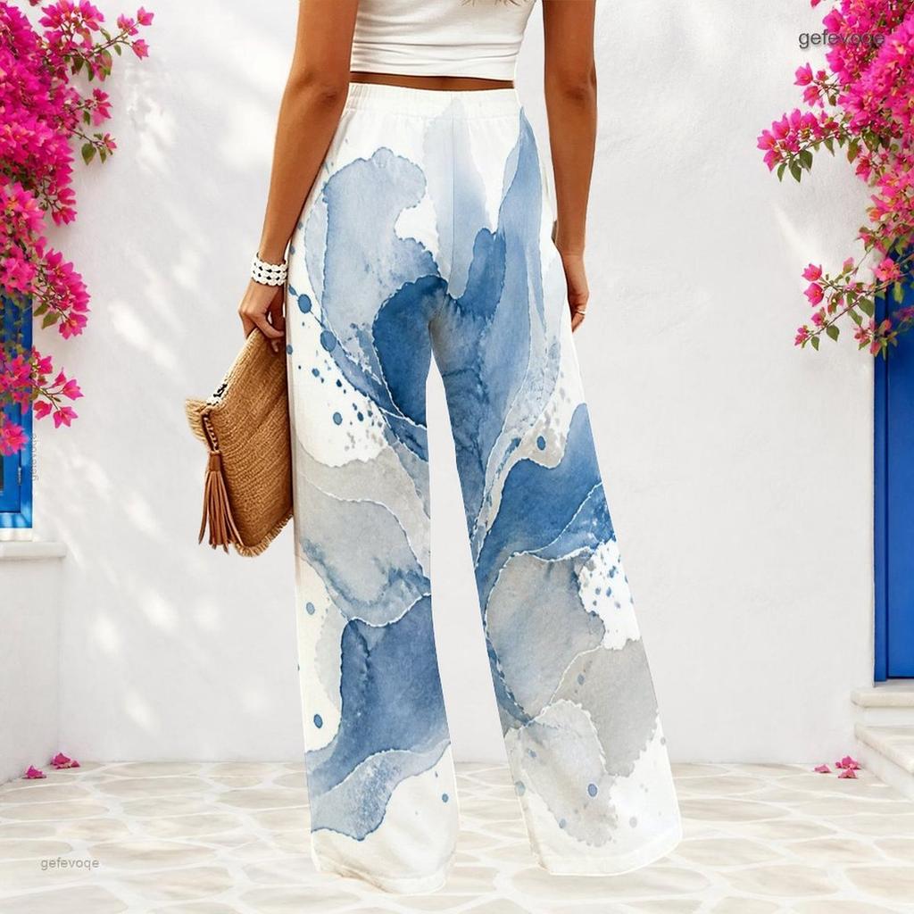 Women Plus Size Blue White Abstract Printed Wide Leg Full Length Loose Pants