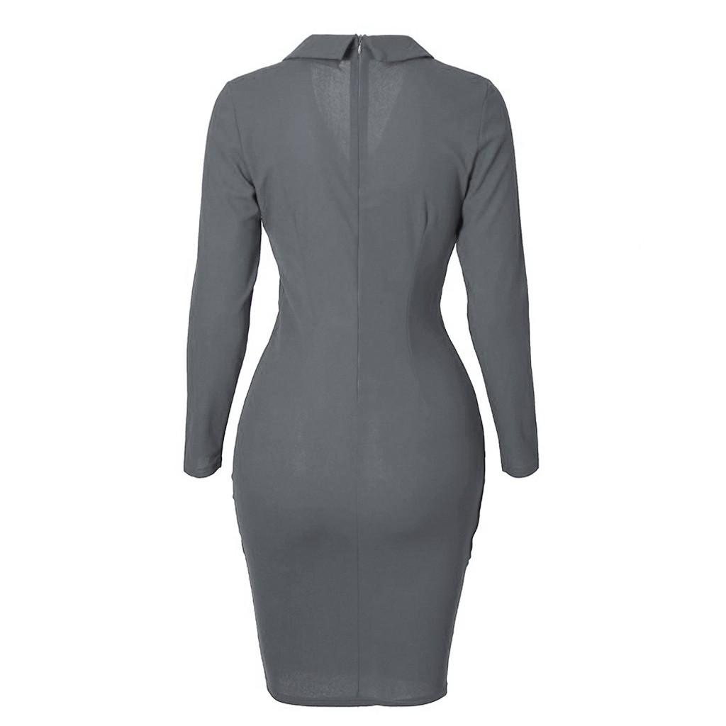Women Solid Turn Down Neck Long Sleeve Casaul Work Formal Dress