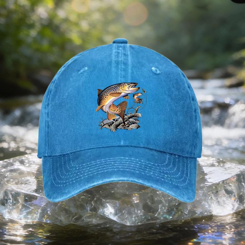 1pc Four Seasons Retro Washed Baseball Cap For Men Women Jumping Trout Fishing Print Black Outdoor Camping Hat