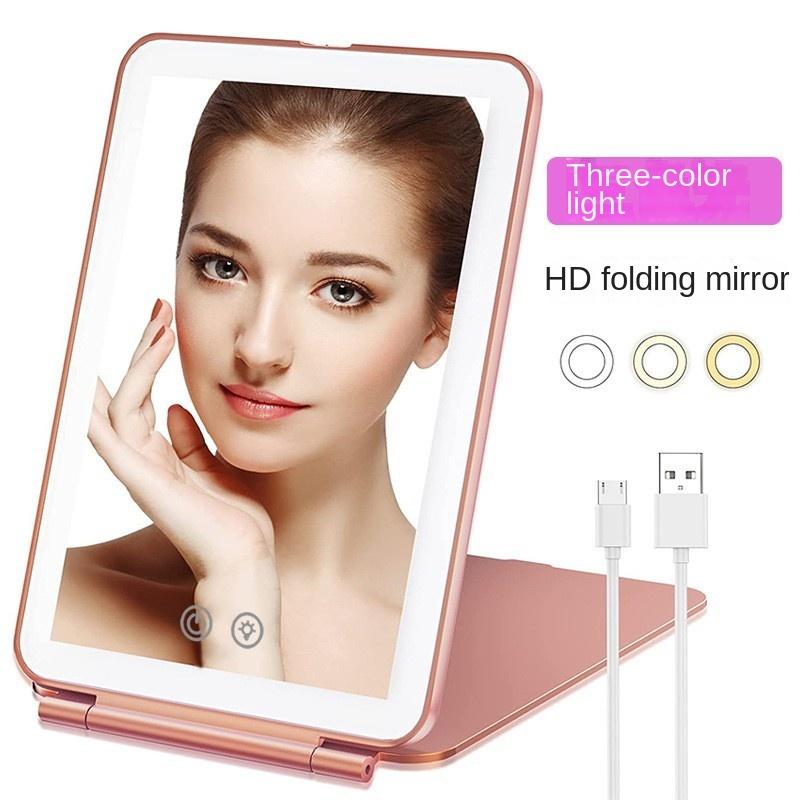 Led Folding Cosmetic Mirror with Lamp Rechargeable Flat Mirror Portable Folding Makeup Mirror on Both Sides