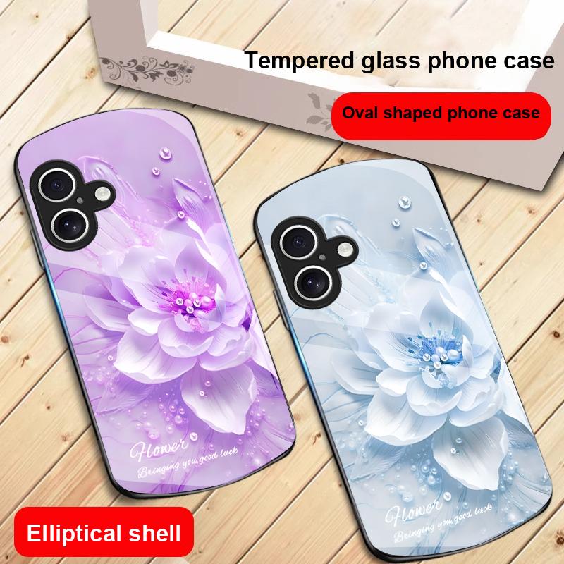 Blooming Blue Flowers For iPhone 17 16 15 14 13 Plus 12 Mini 11 Pro Max XR Xs Max X 7 8 6S 22 20 Elliptical Glass Phone Case