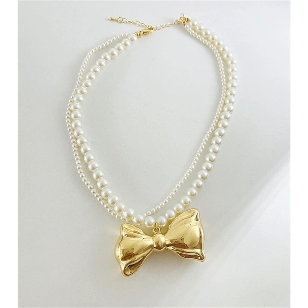 Tooxika French Retro Romantic Light Luxury Double Pearl Bow Necklace Niche Choker Collarbone Chain