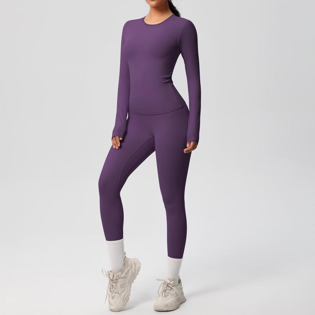 Dual-Sided Solid Color Long-Sleeve Yoga and Running Set - Two-Piece Fitness Outfit