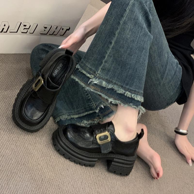 thick-soled thick-heeled small leather shoes for women's new versatile height-increasing women's shoes, single shoes, black women's models.