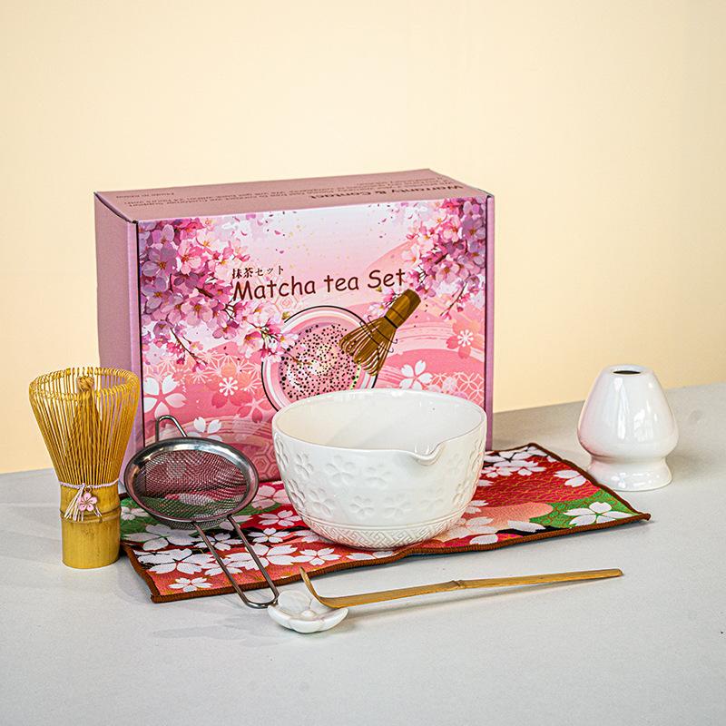 

7 Pcs Sakura Matcha Set Japanese Matcha Kit with Cherry Blossom Matcha Bowl Whisk Matcha Tea Ceremony Starter Kit Gift Box Seven-piece Set