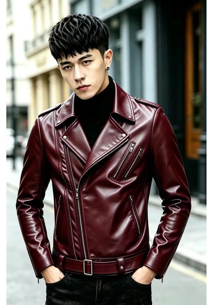 Autumn and winter men's clothing British large size stand-up collar large size PU leather jacket men's trendy solid color multi-zipper leather jacket