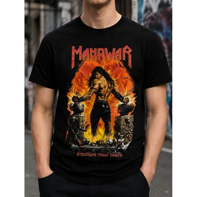 Męska Czarna Koszulka Z Krótkim Rękawem I Okrągłym Dekoltem Z Graficznym Nadrukiem Heavy Metal Z Wojownikiem I Płomieniem Dla Fanów Muzyki Rockowej Streetwear