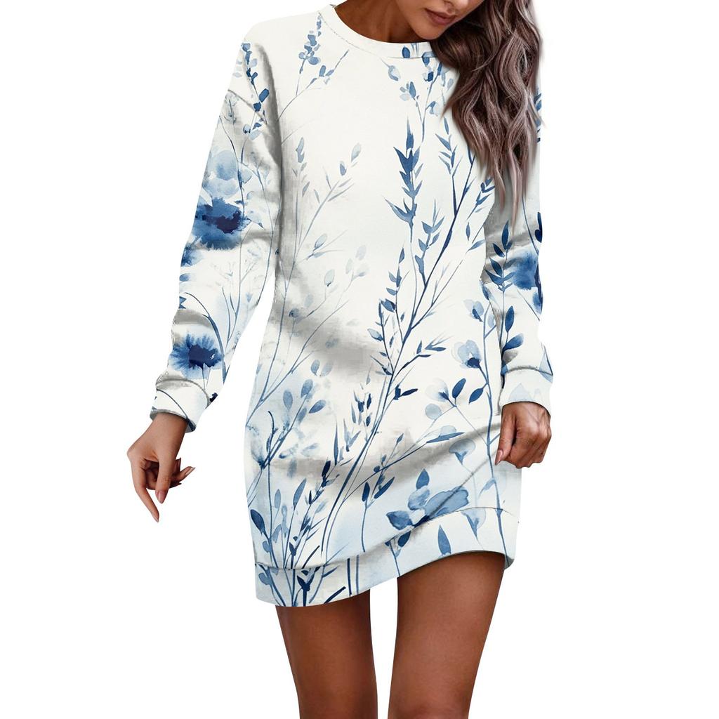 Women's Round Neck Vintage Floral Print Long Sleeve Wrap Dress Sweatshirt Dresses