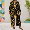 Women Plus Size Black Gold Silver Printed Round Neck Long Sleeve Top Wide Leg Pants Two Piece Set