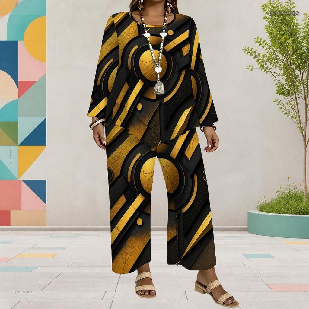 Women Plus Size Black Gold Silver Printed Round Neck Long Sleeve Top Wide Leg Pants Two Piece Set