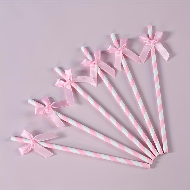 10pcs Pink Striped Bow Paper Straws, Disposable Drinking Straws for Birthday, Wedding, Baby Shower Party Decorations